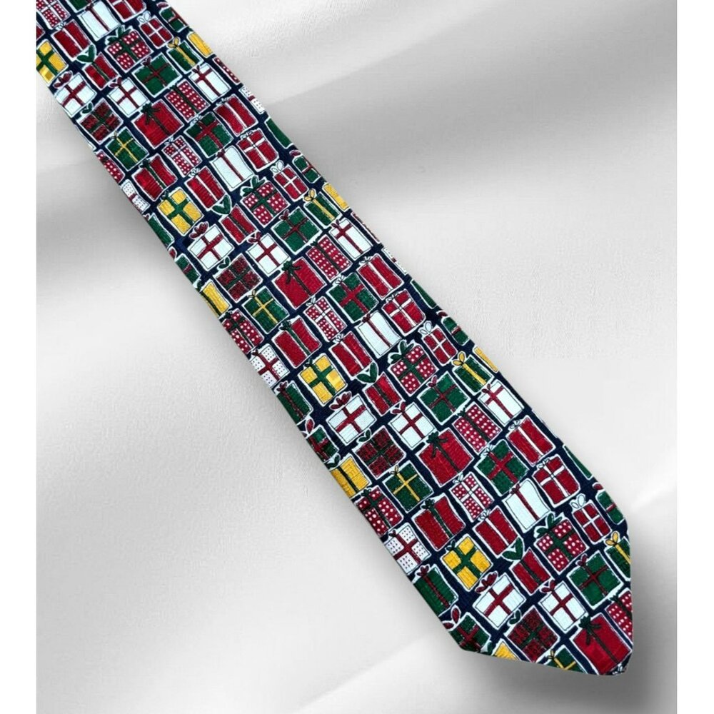 VTG Christmas Gift Box Silk Tie Holiday Presents Ugly Sweater Necktie Novelty